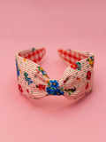 Red Floral Blossom On Stripes Print Embellished Turban Hair Band Red & White