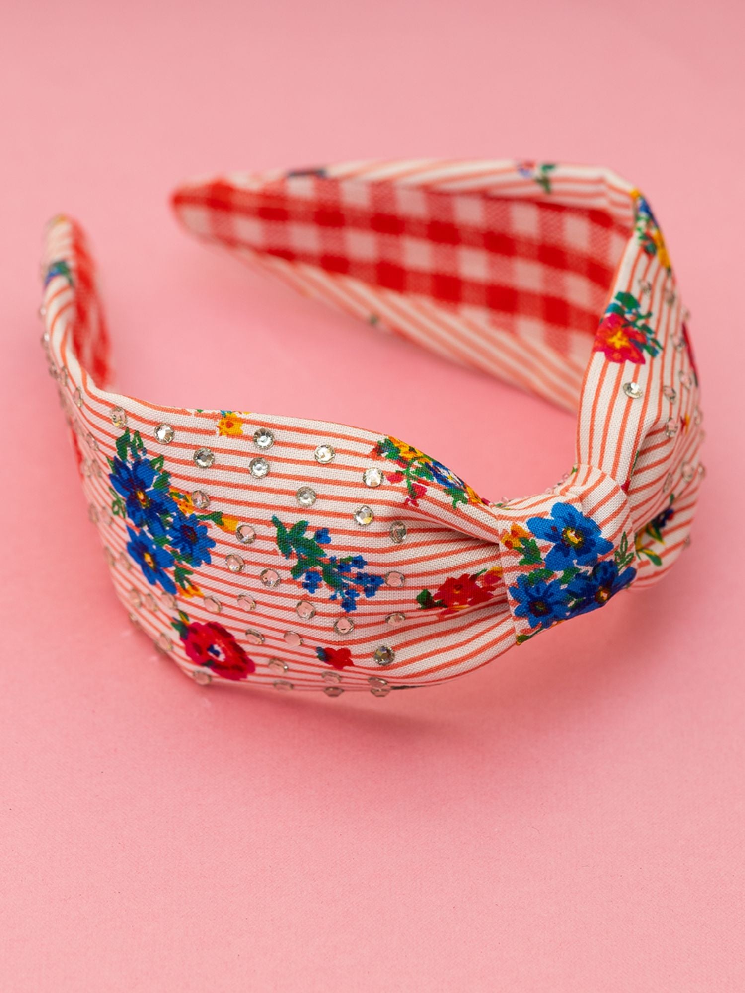 Red Floral Blossom On Stripes Print Embellished Turban Hair Band Red & White