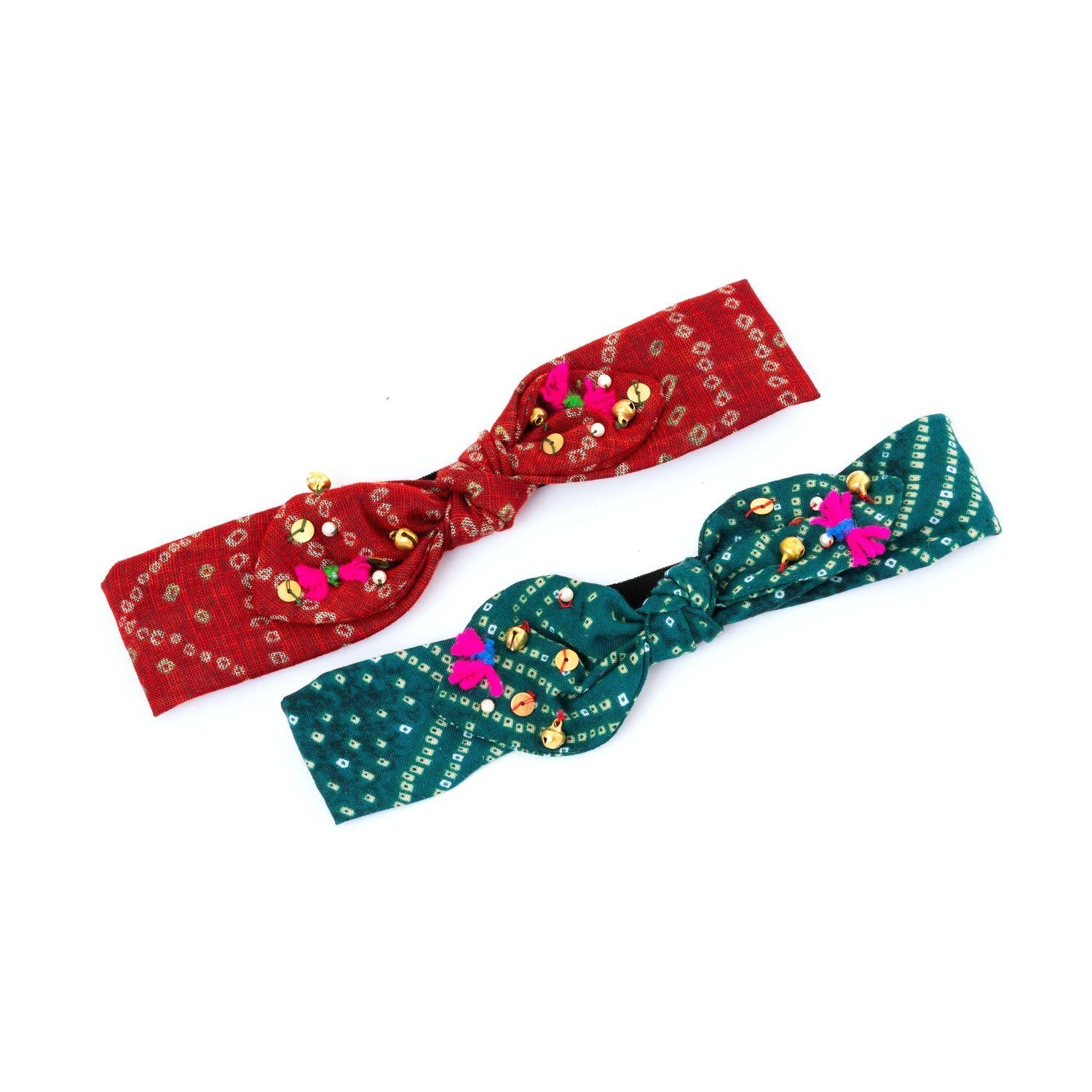 Choko Set Of 2 Cotton Ghungroo Ethnic Wedding Themed Stretch Hairband Red Green