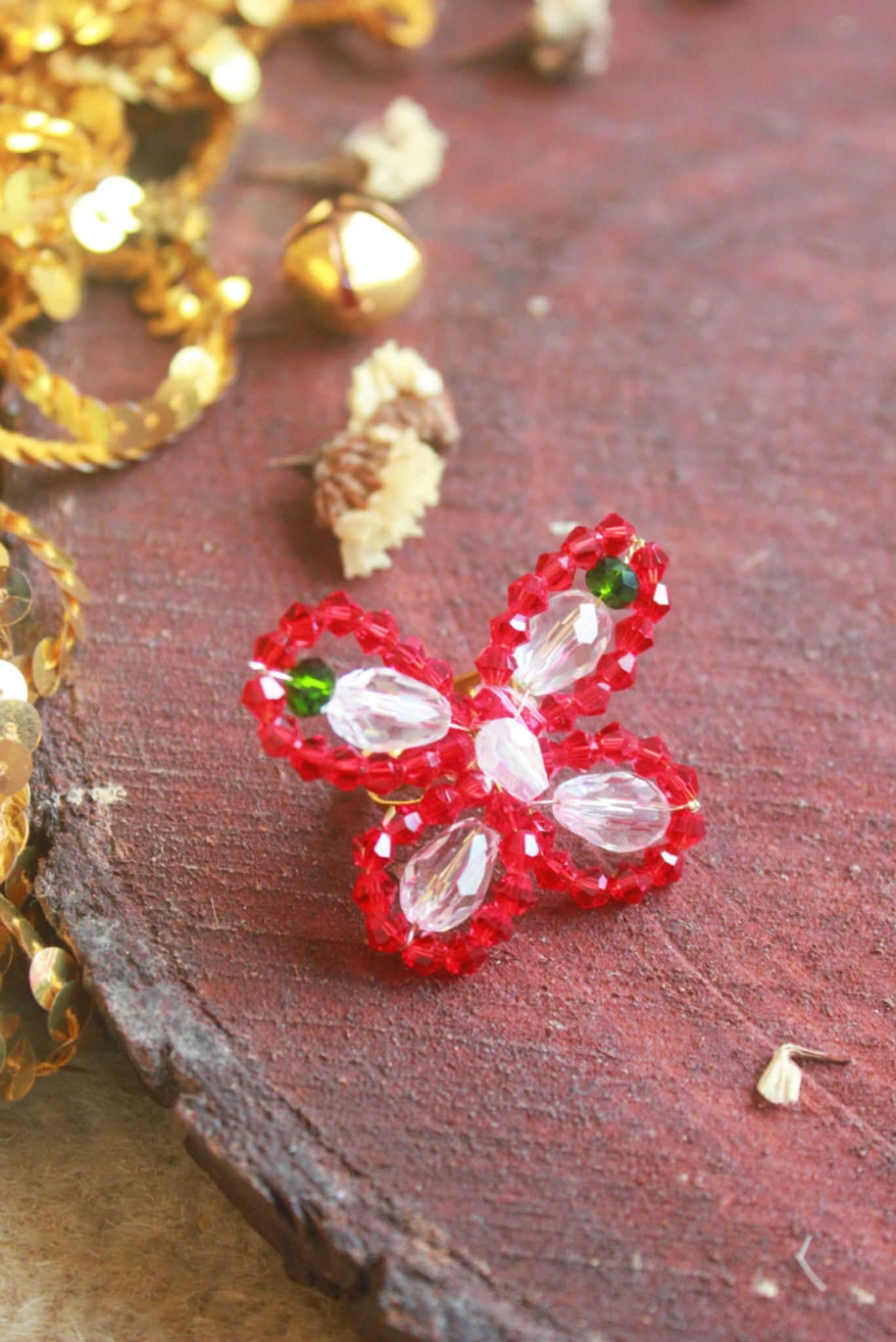 Choko Size Adjustable Beads And Pearls Embellished Butterfly Of Christmas Ring Red White