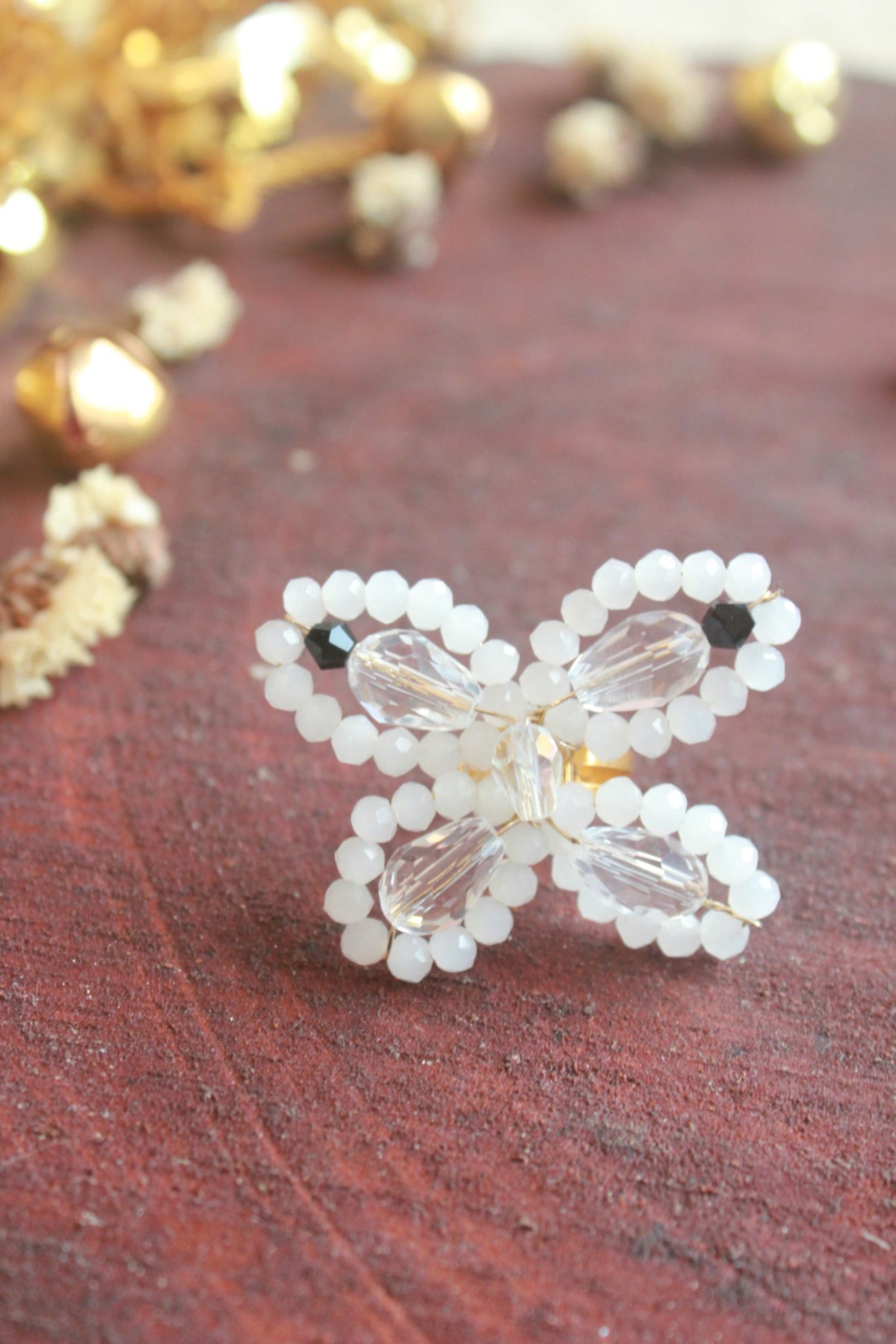 Choko Size Adjustable Beads And Pearls Embellished Butterfly Accent Ring White Off White