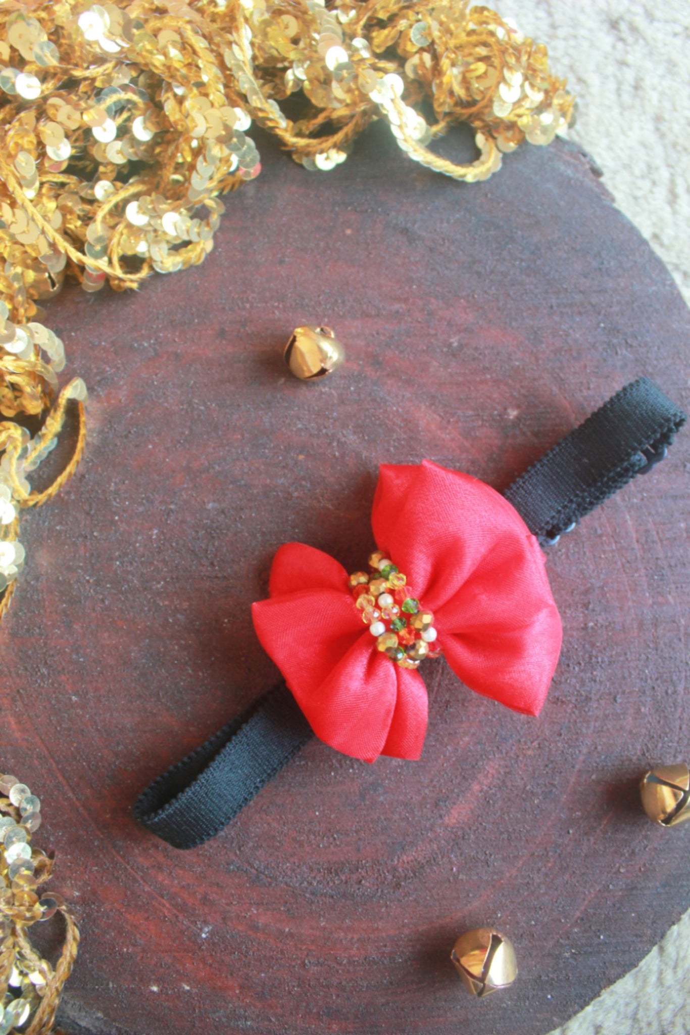 Adjustable Embellished Bow Headband For Xmas Santa Red