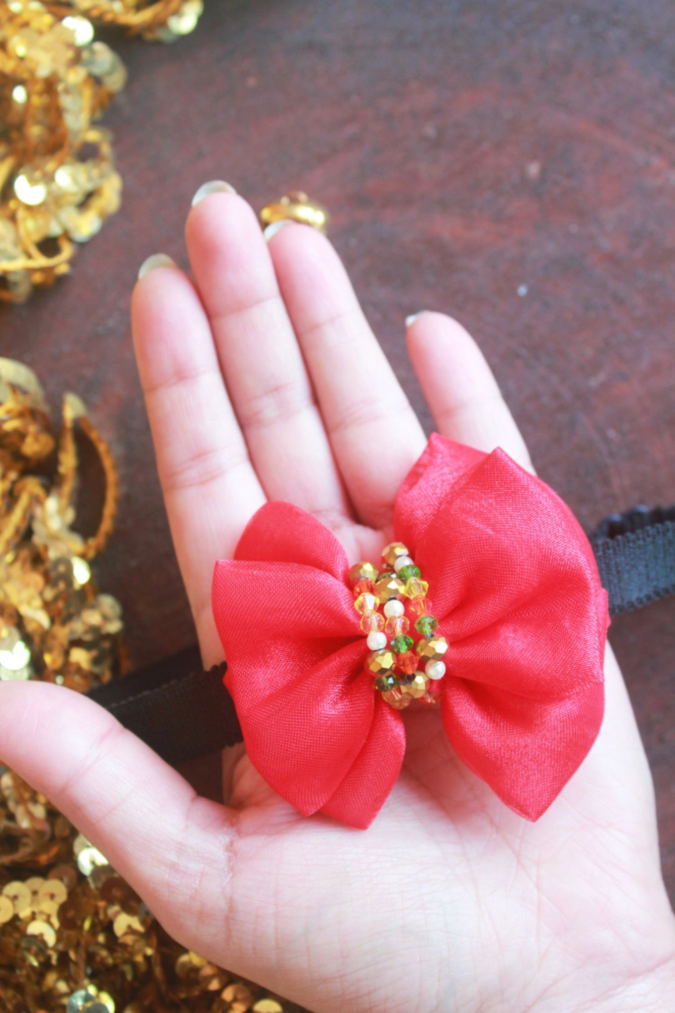 Adjustable Embellished Bow Headband For Xmas Santa Red