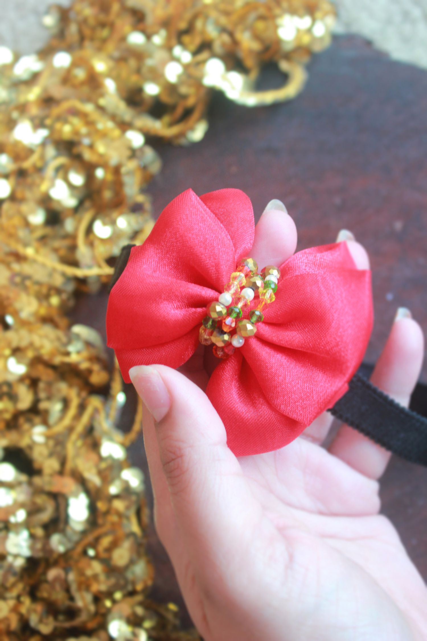 Adjustable Embellished Bow Headband For Xmas Santa Red