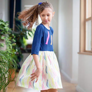 Dora Dress (Navy Multi Coloured Waves)