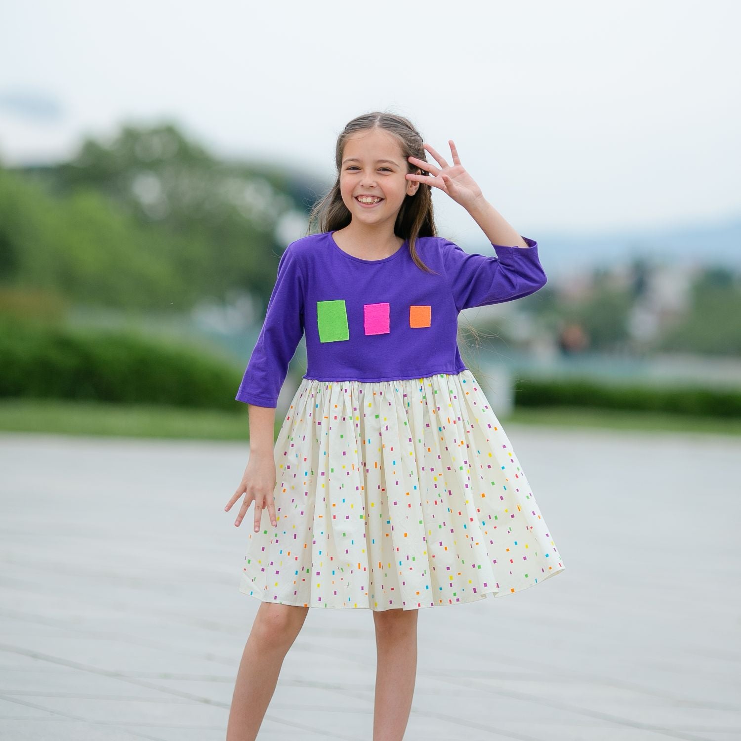 Dora Dress (Purple And Multi Coloured Squares)