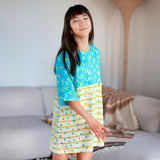 Star Gazer Dress (Blue V's With Blue Dots And Yellow Stripes)