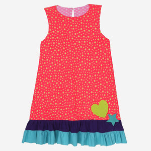 Sweet Peach Reversible Dress (Fluorescent Pink Clouds & Orange Stars With Colour Block)