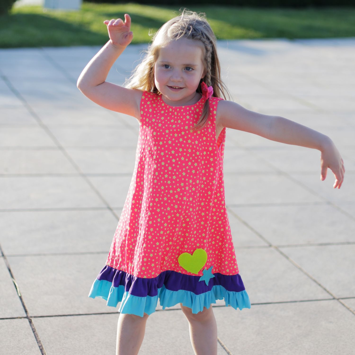 Sweet Peach Reversible Dress (Fluorescent Pink Clouds & Orange Stars With Colour Block)