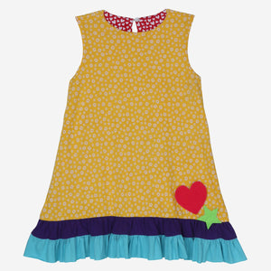 Sweet Peach Reversible Dress (Mustard Yellow Flowers & Red Hearts With Colour Block)