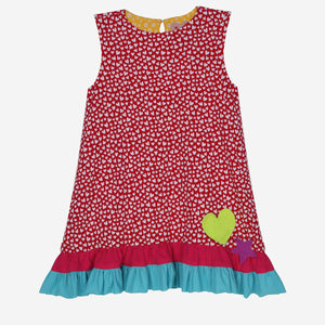 Sweet Peach Reversible Dress (Mustard Yellow Flowers & Red Hearts With Colour Block)