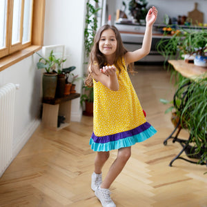 Sweet Peach Reversible Dress (Mustard Yellow Flowers & Red Hearts With Colour Block)