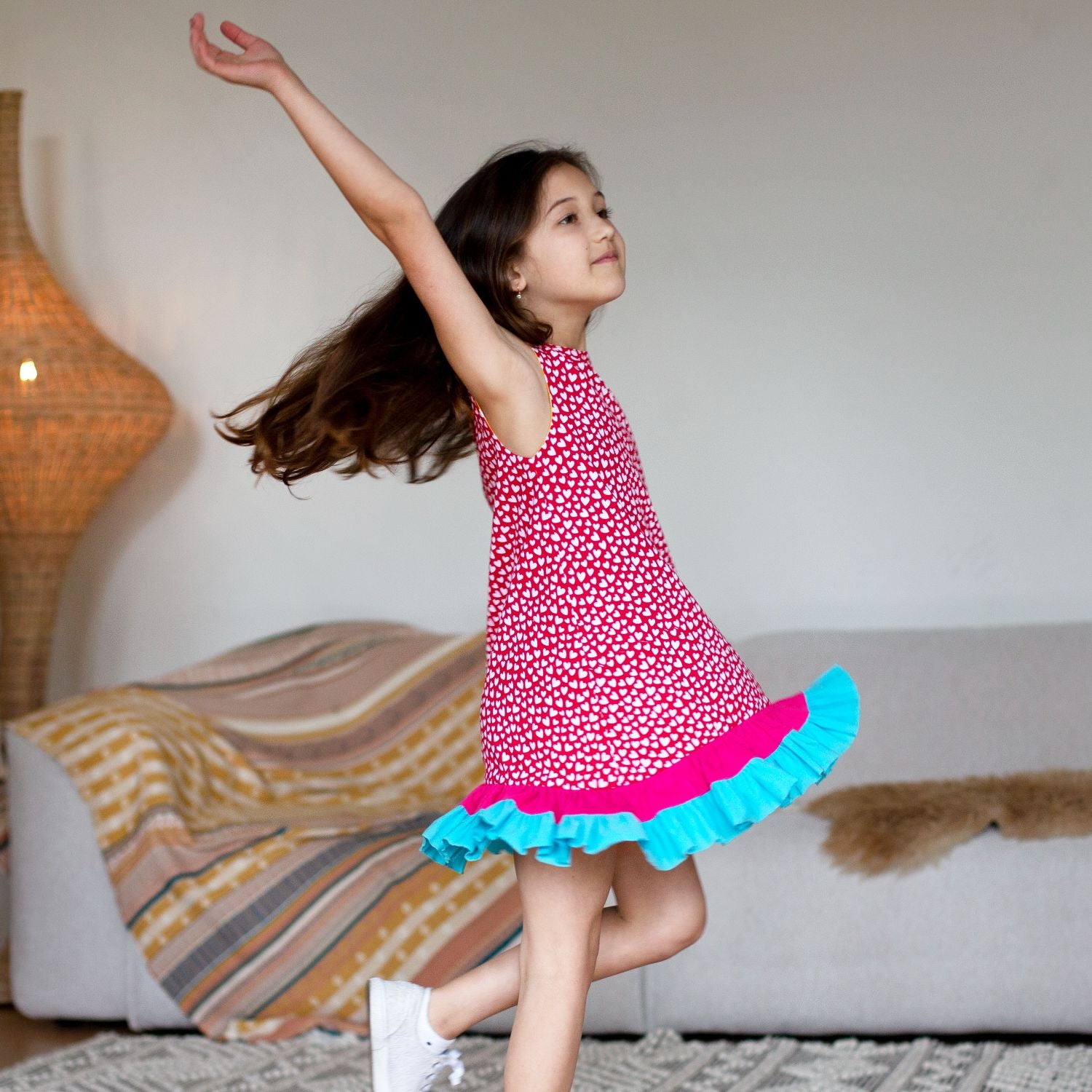 Sweet Peach Reversible Dress (Mustard Yellow Flowers & Red Hearts With Colour Block)