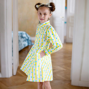 Bookworm Shirt Dress (Blue Dots And Yellow Stripes)