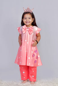 Peach polka Bow kurta with pants