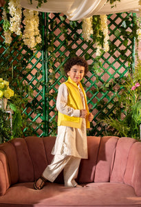 QANARI -Embroidered  Yellow Nehru Jacket Paired With Cream Kurta & Trouser Set