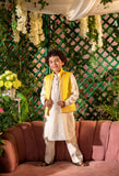 QANARI -Embroidered  Yellow Nehru Jacket Paired With Cream Kurta & Trouser Set