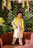 QANARI -Embroidered  Yellow Nehru Jacket Paired With Cream Kurta & Trouser Set