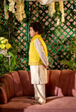 QANARI -Embroidered  Yellow Nehru Jacket Paired With Cream Kurta & Trouser Set