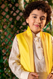 QANARI -Embroidered  Yellow Nehru Jacket Paired With Cream Kurta & Trouser Set