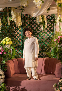 QANARI -Embroidered  Yellow Nehru Jacket Paired With Cream Kurta & Trouser Set