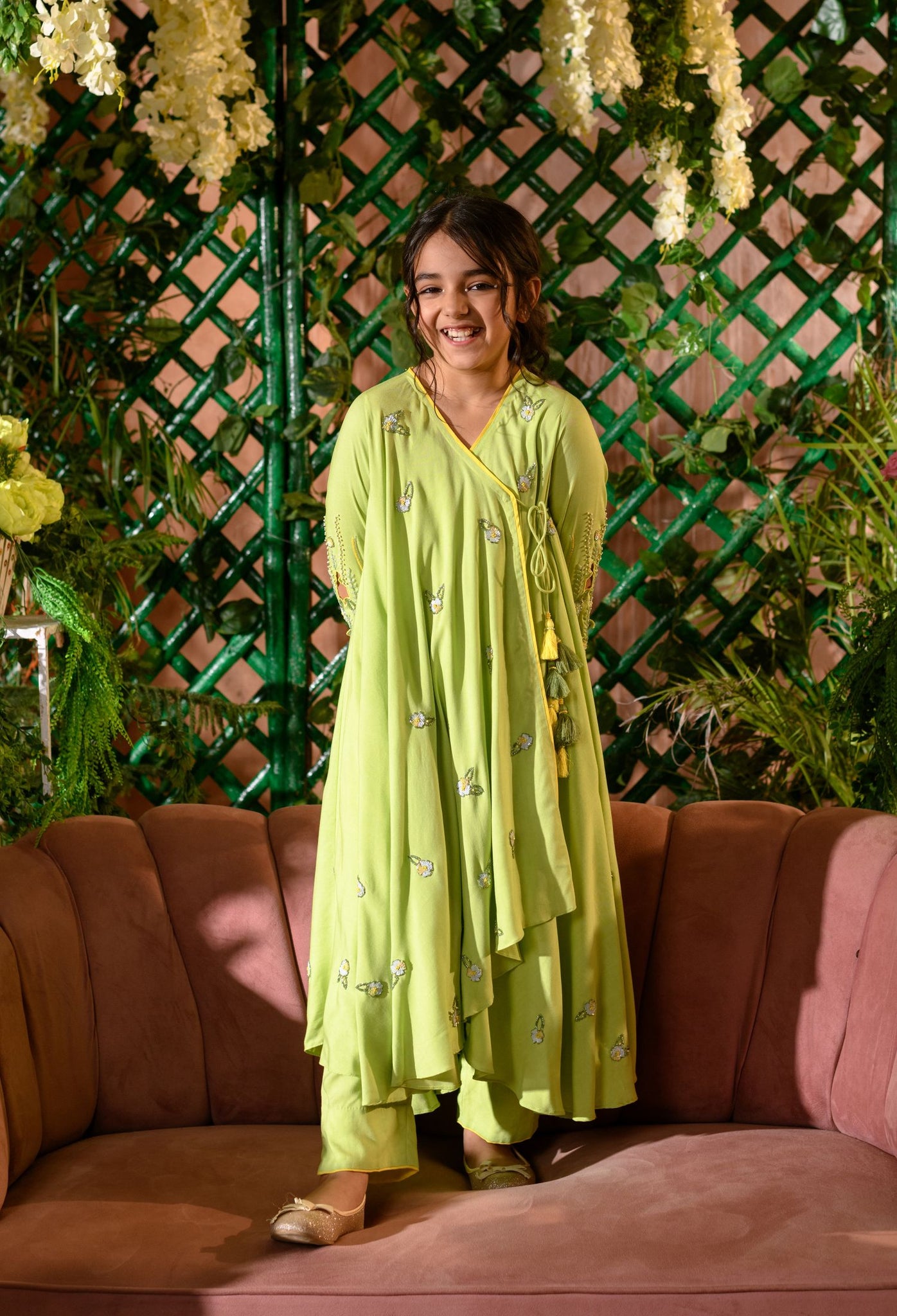 VIVIANA - Embroidered Vortex Green Angrakha Kurti Pants