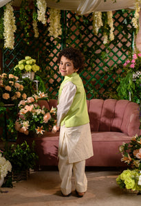 SADAF - Embroidered Green Nehru Jacket Paired With Cream Kurta & Trouser Set