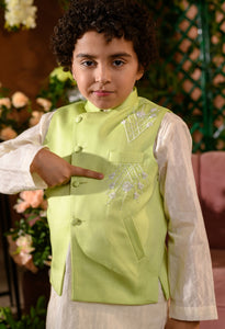 SADAF - Embroidered Green Nehru Jacket Paired With Cream Kurta & Trouser Set