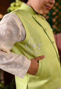 SADAF - Embroidered Green Nehru Jacket Paired With Cream Kurta & Trouser Set