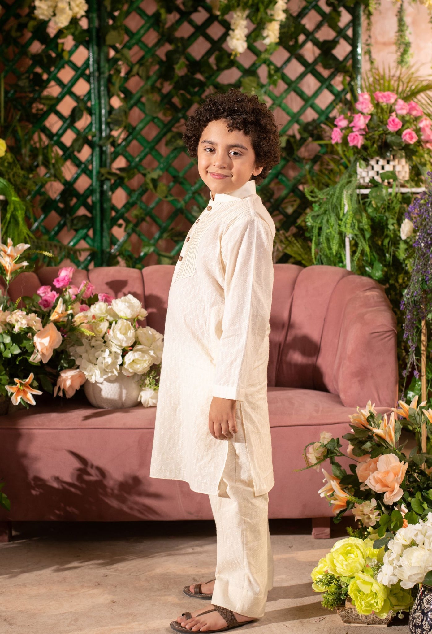 GASHI - Pin Tucks Cream Kurta Trouser Set