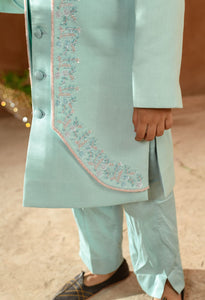 Maherwan Embroidered  Blue Achkan Trouser Set