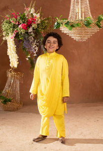 MEHERZAD - Embroidered Yellow Nehru Jacket Paired With Drape Kurta & Trouser Set