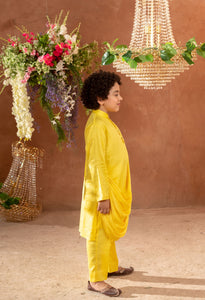 MEHERZAD - Embroidered Yellow Nehru Jacket Paired With Drape Kurta & Trouser Set