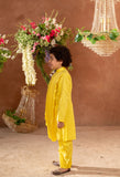 MEHERZAD - Embroidered Yellow Nehru Jacket Paired With Drape Kurta & Trouser Set