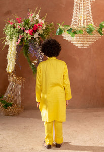 MEHERZAD - Embroidered Yellow Nehru Jacket Paired With Drape Kurta & Trouser Set