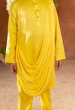 MEHERZAD - Embroidered Yellow Nehru Jacket Paired With Drape Kurta & Trouser Set