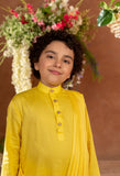 MEHERZAD - Embroidered Yellow Nehru Jacket Paired With Drape Kurta & Trouser Set