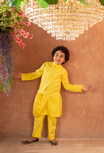 MEHERZAD - Embroidered Yellow Nehru Jacket Paired With Drape Kurta & Trouser Set