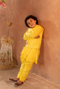 MEHERZAD - Embroidered Yellow Nehru Jacket Paired With Drape Kurta & Trouser Set