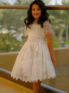 Schiffli Patched Dress With Smocked Bodice and Hand Embroidered Cape