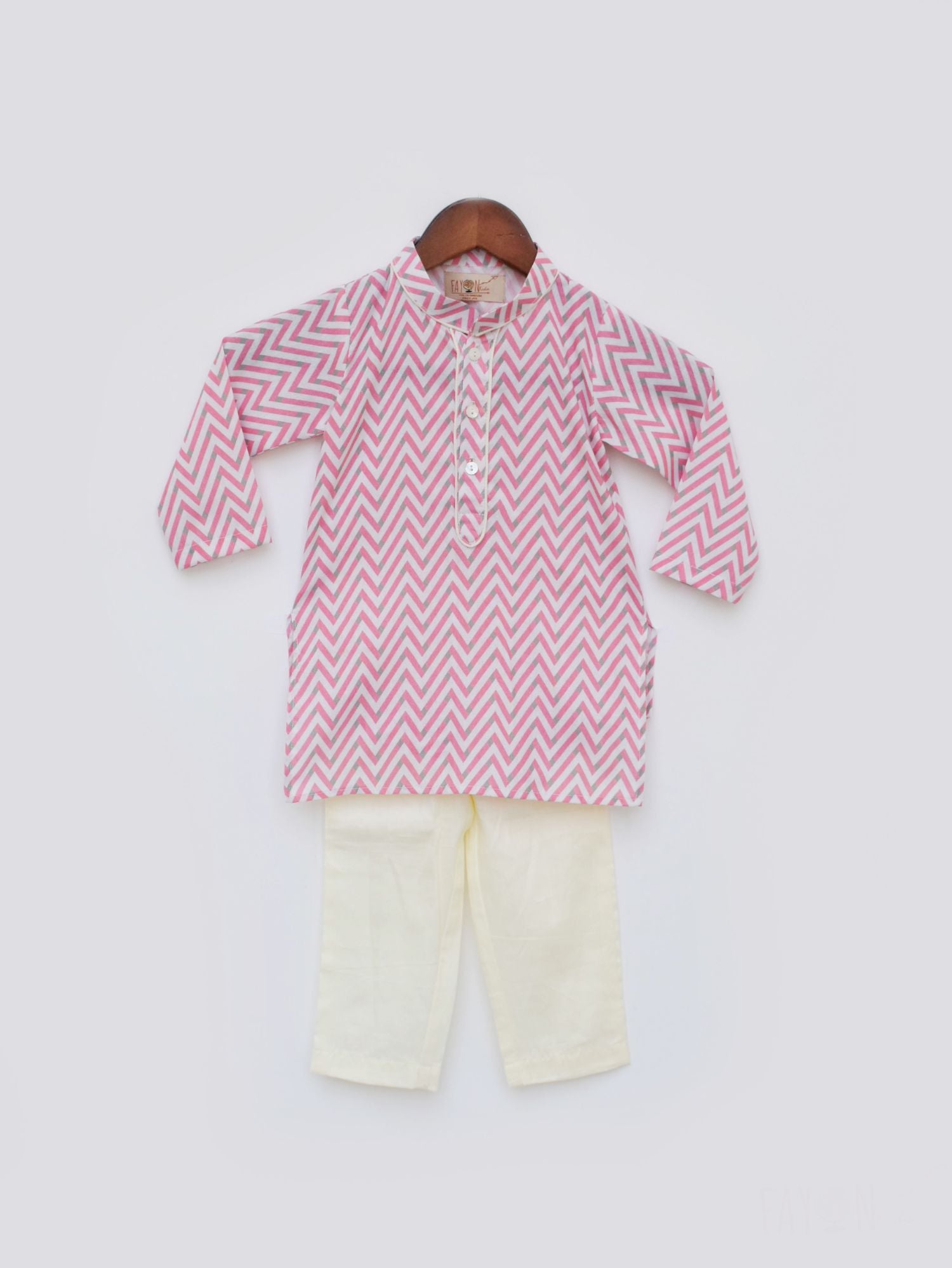 Pink Zig Zag Kurta And Off White Pant