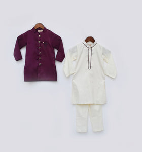 Wine Silk Jacket And Off White Kurta Pant