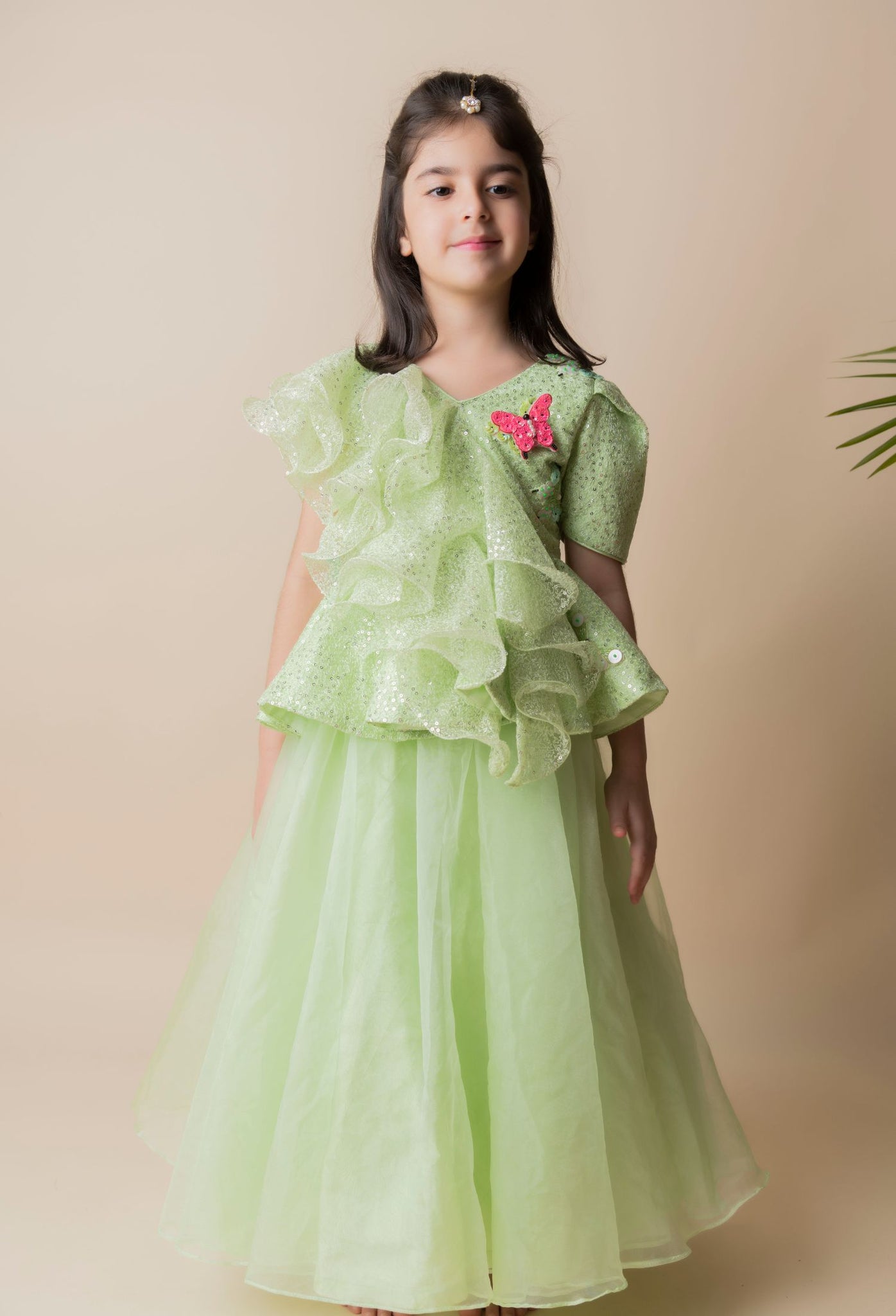 Green Sequins Ruffle Ghagra