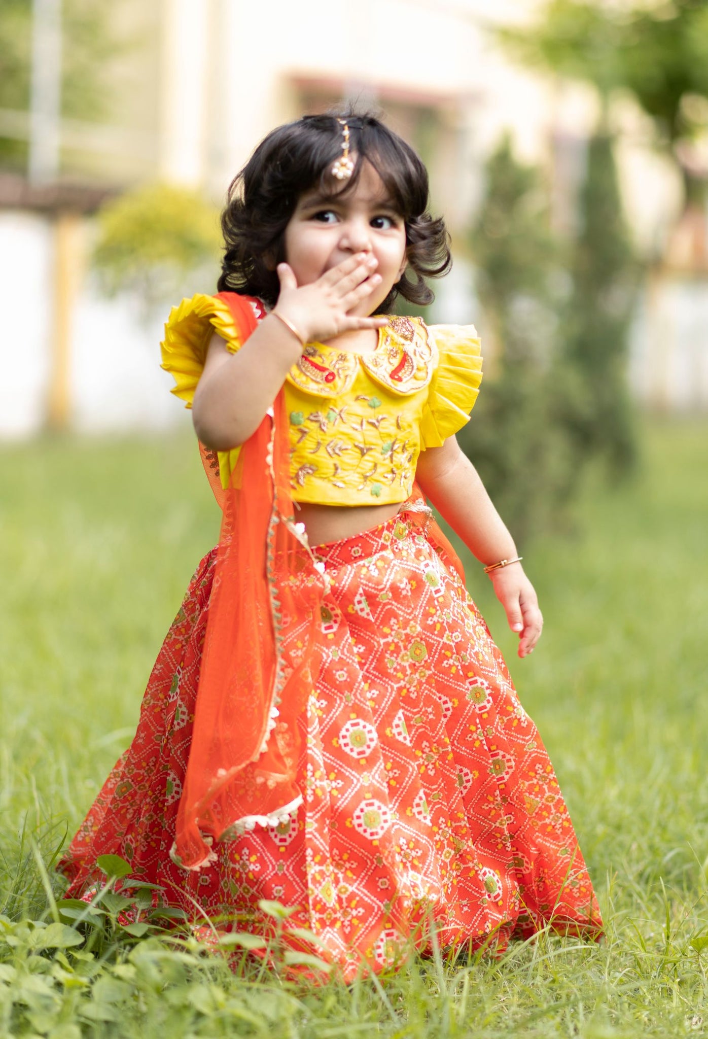 Orange Ikkat Ghagra Set