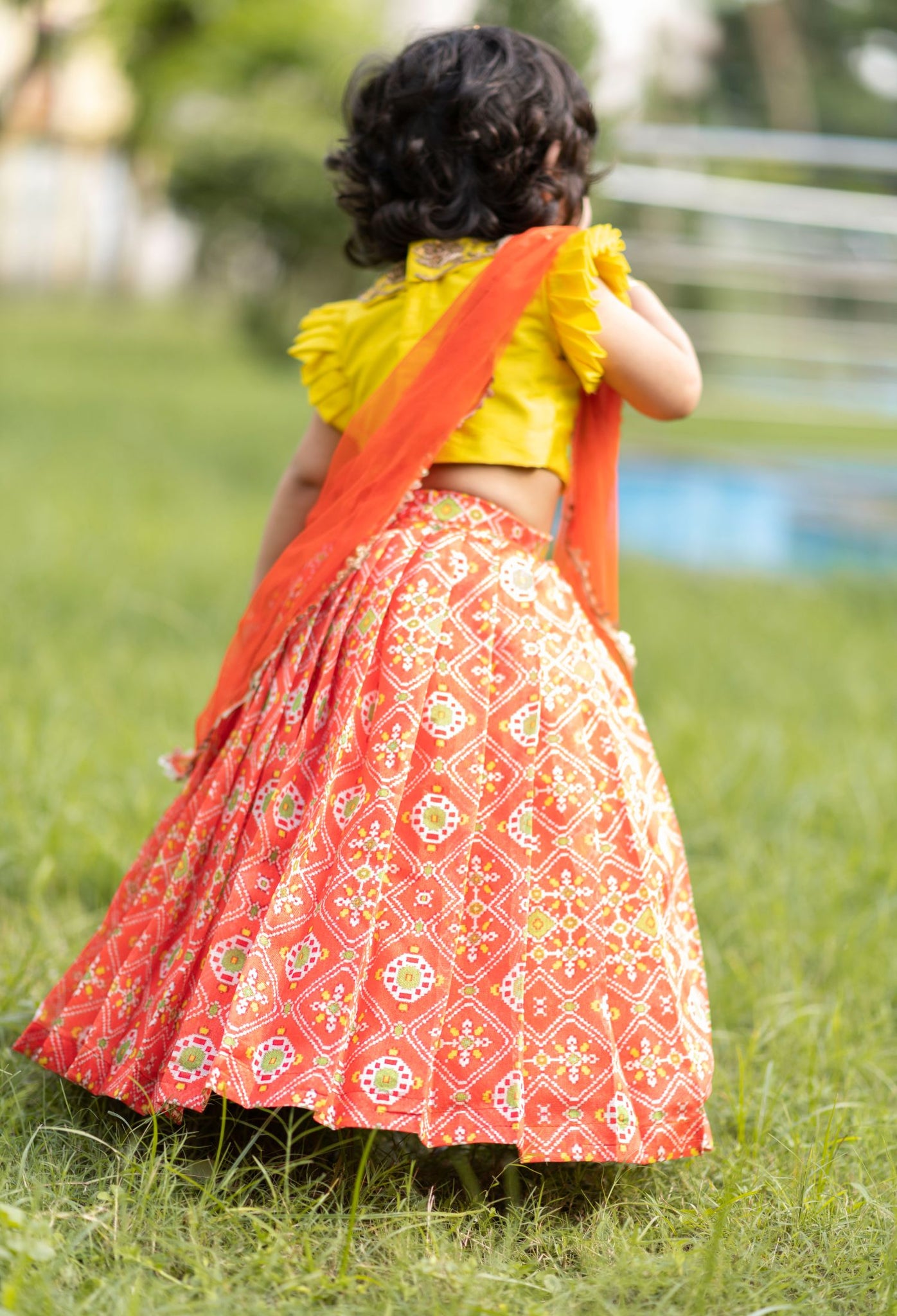 Orange Ikkat Ghagra Set