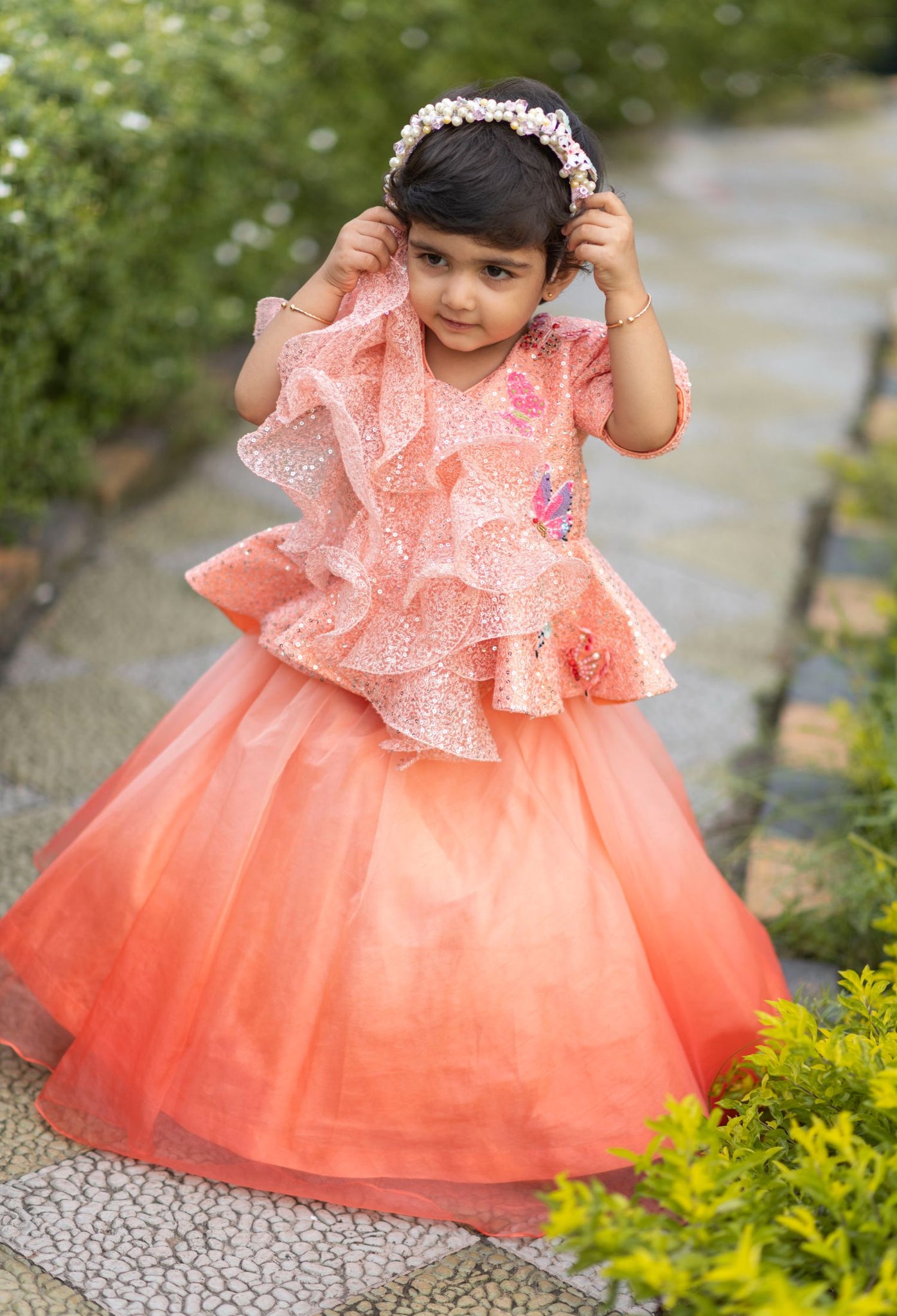 Peach Ruffle Organza Ghagra