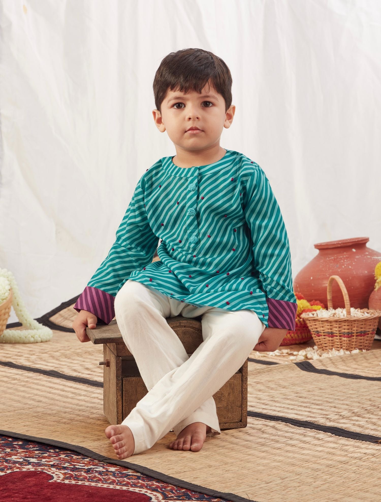 Turquoise Leheriya Short Kurta with Pants