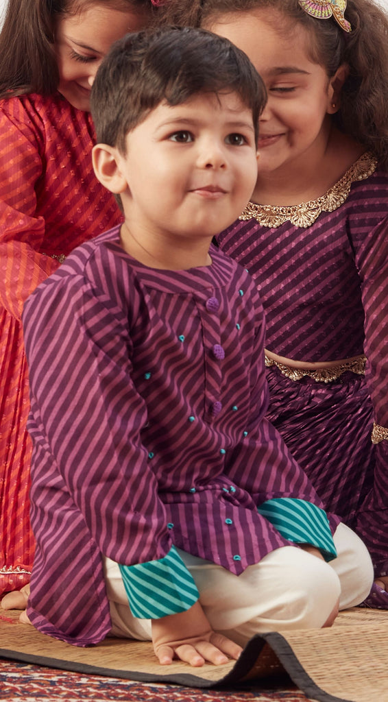 Blue hand block printed A-line short kurta with sequins, tassels and b –  Kora India