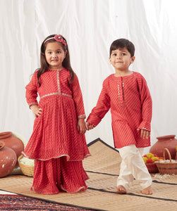 Red Leheriya Short Kurta with Pants