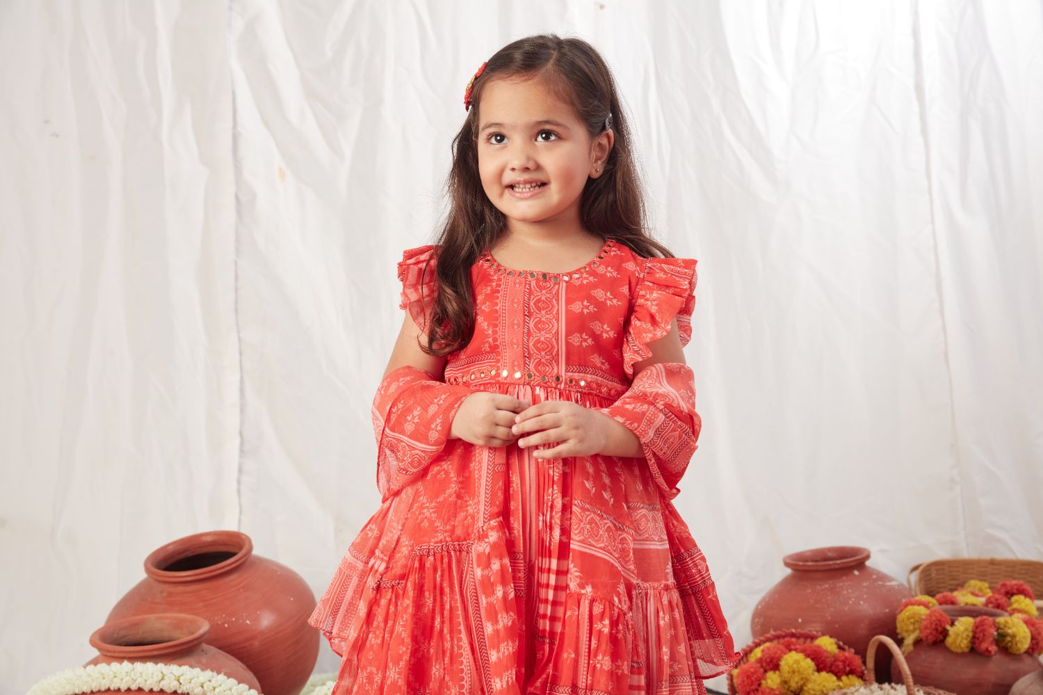 Red Block Print Peplum And Lehenga With Dupatta